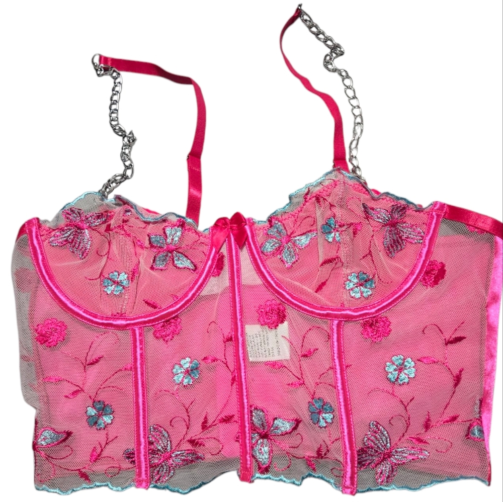 Pink Floral Embroidered Corset Top